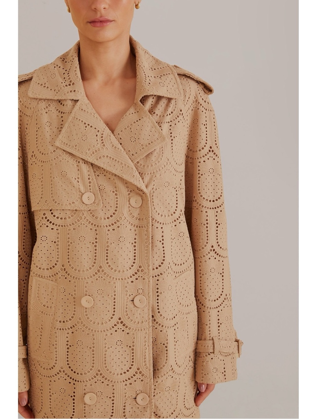 Farm Rio Khaki Pineapple Cotton Eyelet Trench Coat Size Large Neutral Bohemian - Picture 4 of 13